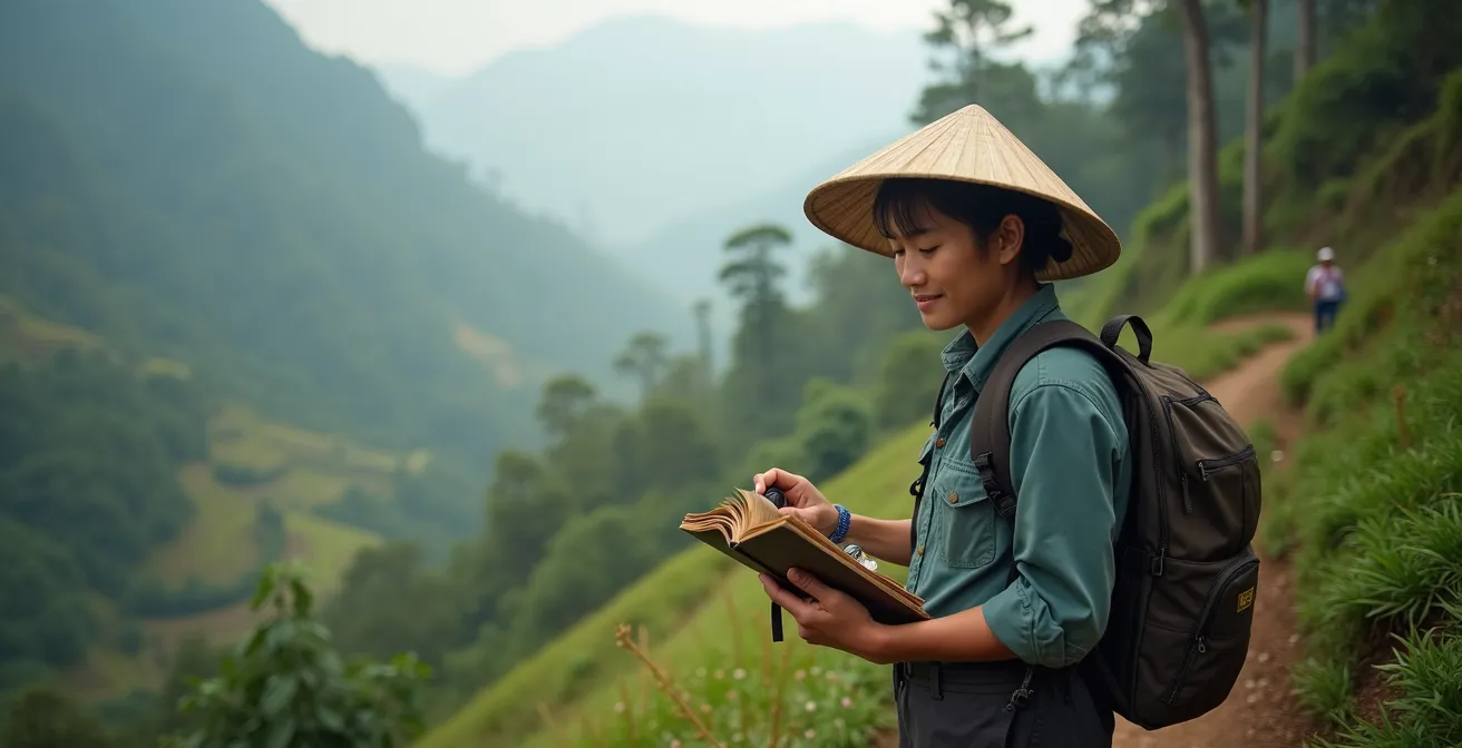 Guide vietnamien explorant un sentier de montagne avec un carnet de notes